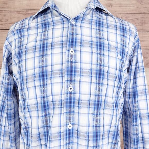 Bugatchi Uomo Shirt Mens Large Blue White Plaid Long Sleeve Button Down Casual - Picture 1 of 8